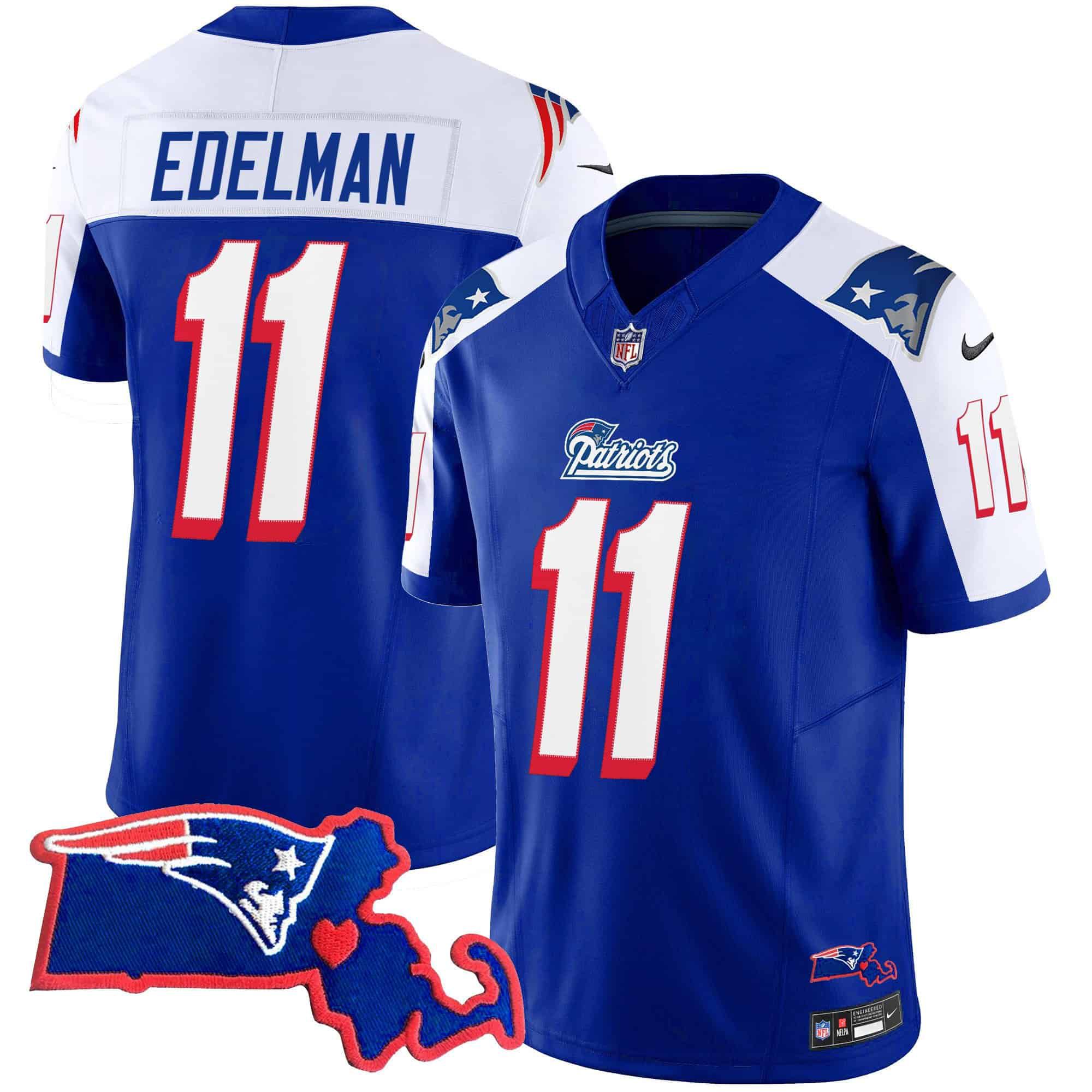 Men New England Patriots 11 Edelman Blue 2024 Nike Patch Vapor Limited NFL Jersey